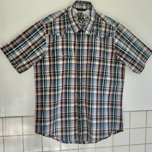 7 Diamonds Plaid Shirt Short Sleeves Snap Closure 2 Pocket Embroidered Sz XXL.